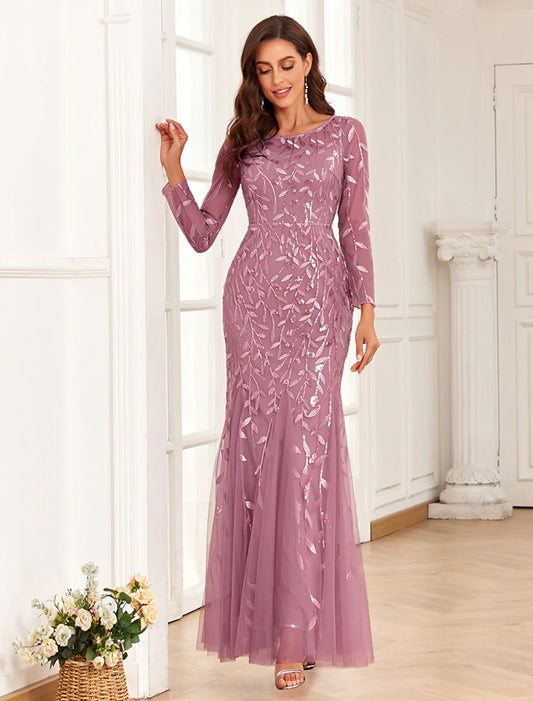 Evening Gown Elegant Dress Prom Floor Length Long Sleeve Jewel Neck Tulle with Embroidery