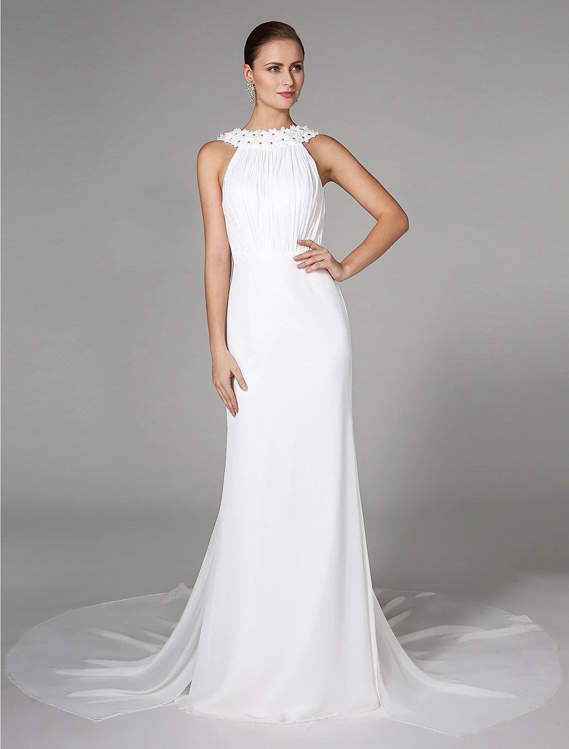 Wedding Dresses Sheath / Column High Neck Sleeveless Chapel Train Chiffon Bridal Gowns With Beading Draping