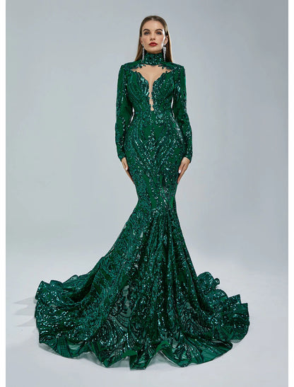 Mermaid Party Dress Evening Gown Sparkle & Shine Dress Carnival Engagement Court Train Long Sleeve Stand Collar Lace