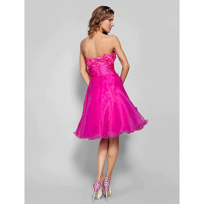 Ball Gown Open Back Dress Cocktail Party Knee Length Sleeveless Sweetheart Organza with Sash / Ribbon Bow(s) Ruched