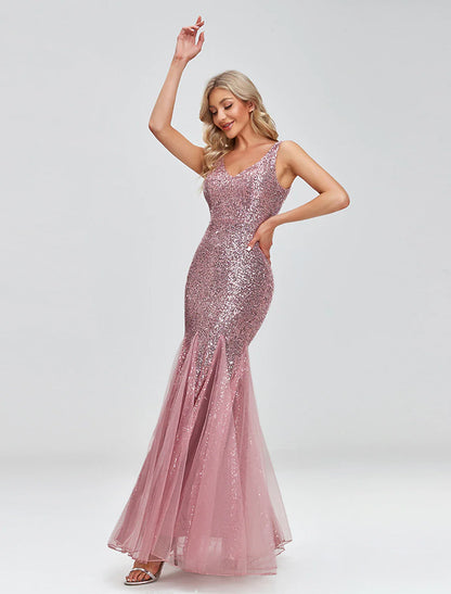 Evening Gown Sparkle Dress Wedding Guest Formal Evening Floor Length Sleeveless V Neck Tulle V Back with Sequin Splicin