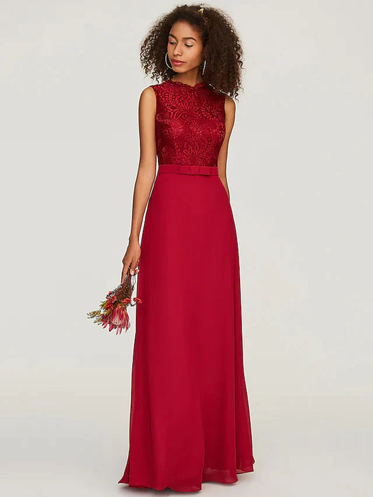 A-Line Bridesmaid Dress Jewel Neck Sleeveless Floor Length Chiffon Lace with Sash Ribbon Bow(s)