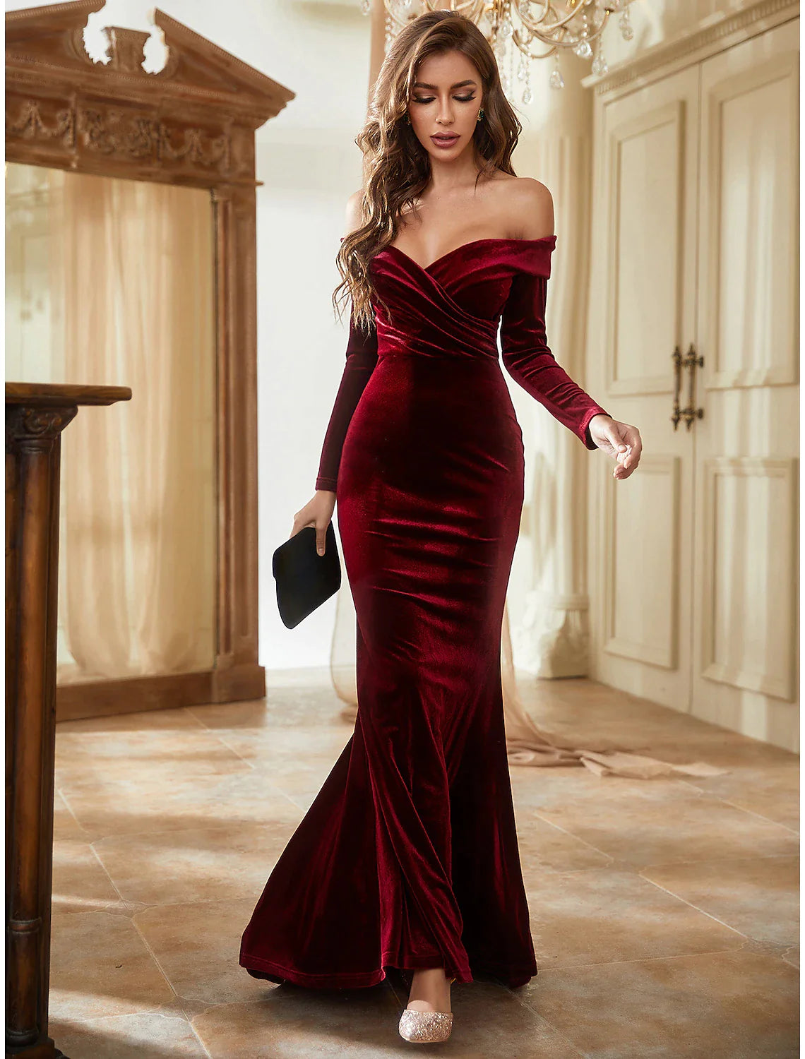 Mermaid / Trumpet Wedding Guest Dresses Elegant Dress Formal Evening Party Sweep / Brush Train Long Sleeve Off Shoulder Velvet with Ruched