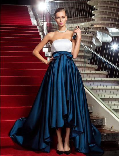 Evening Black Tie Gala Dress Strapless Backless Sleeveless Asymmetrical Satin with Bow(s) Pleats