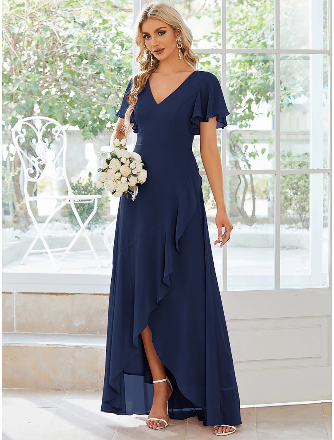 A-Line Wedding Guest Dresses Casual Dress Party Dress Wedding Party Asymmetrical Short Sleeve V Neck Bridesmaid Dress Chiffon