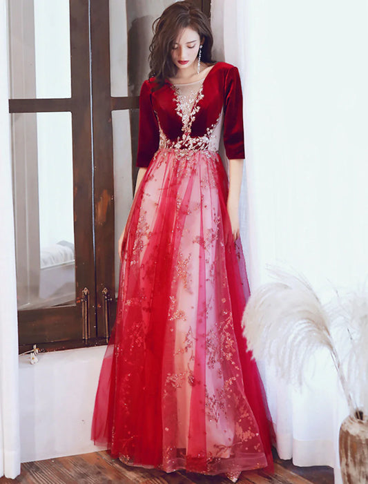 Evening Dress Illusion Neck Half Sleeve Floor Length Velvet with Sequin Appliques