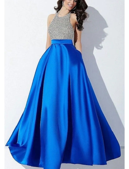 A-Line Evening Gown Elegant Dress Formal Floor Length Sleeveless Halter Neck Satin with Glitter