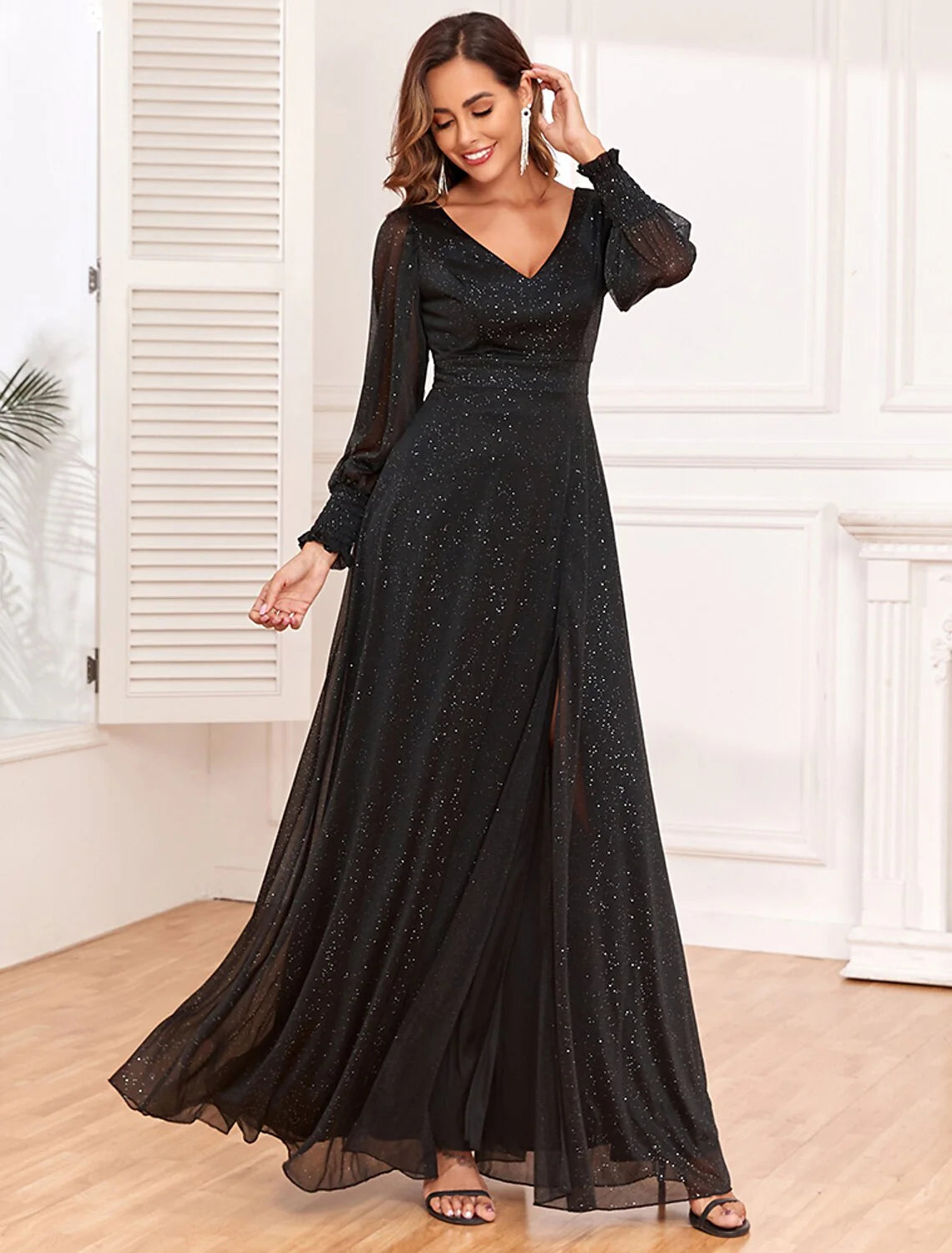 Evening Gown Empire Black Dress Party Gothic Tulle Dress Floor Length Long Sleeve V Neck V Back with Glitter Slit