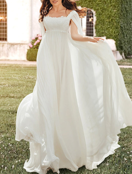 Hall Casual Wedding Dresses A-Line Square Neck Sleeveless Sweep / Brush Train Chiffon Bridal Gowns