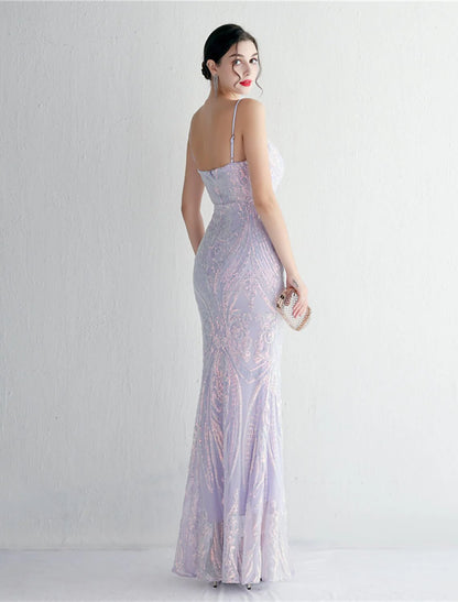 Evening Gown Sparkle & Shine Dress Formal Floor Length Sleeveless Spaghetti Strap Sequined with Sequin