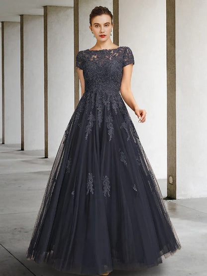 Ball Gown Mother of the Bride Dress Luxurious Elegant Jewel Neck Floor Length Lace Tulle Short Sleeve with Crystals Appliques Ball Gown Mother of the Bride Dress Luxurious Elegant Jewel Neck Floor Length Lace Tulle Short Sleeve with Crystals Appliques