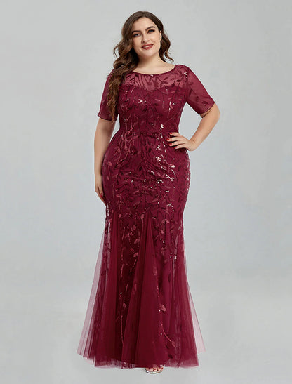 Evening Gown Empire Dress Homecoming Floor Length Short Sleeve Jewel Neck Tulle with Embroidery