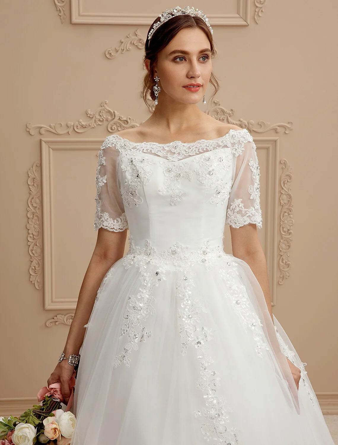 A-Line Bateau Neck Cathedral Train Lace / Tulle Made-To-Measure Wedding Dresses with Lace