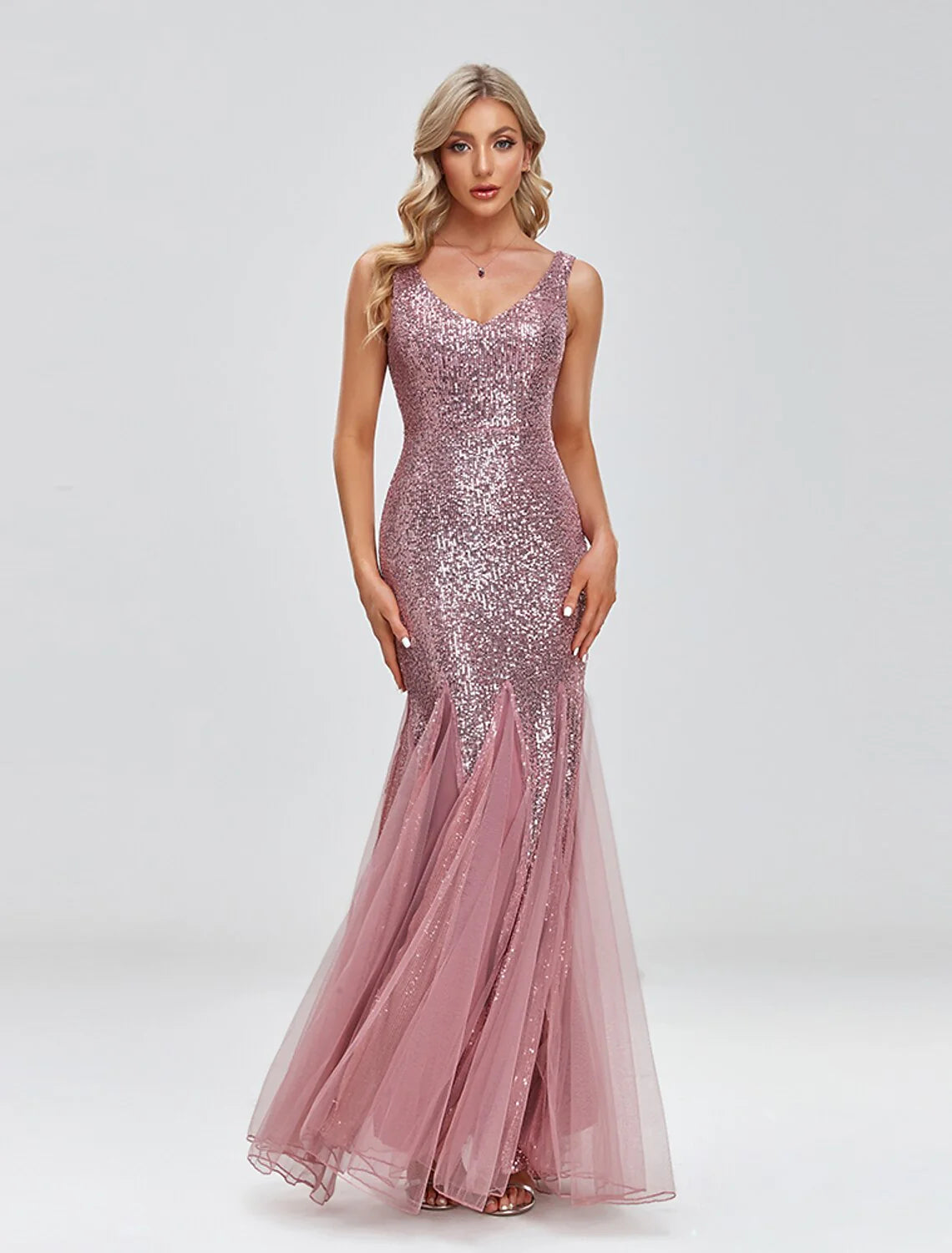 Evening Gown Sparkle Dress Wedding Guest Formal Evening Floor Length Sleeveless V Neck Tulle V Back with Sequin Splicin