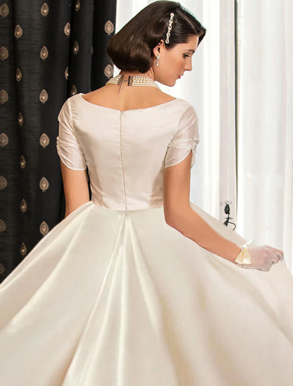 Engagement Formal Wedding Dresses Ball Gown V Neck Short Sleeve Court Train Satin Bridal Gowns With Ruched Solid Color