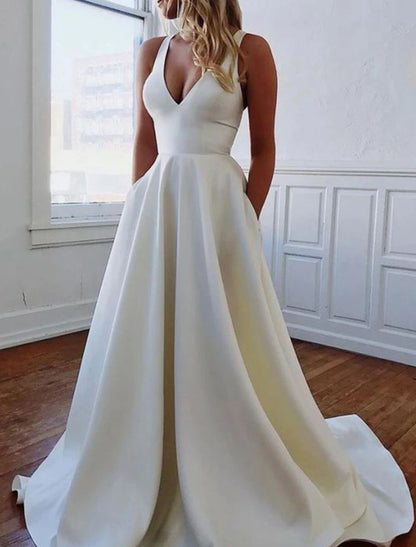 Simple Wedding Dresses A-Line V Neck Sleeveless Sweep / Brush Train Satin Bridal Gowns