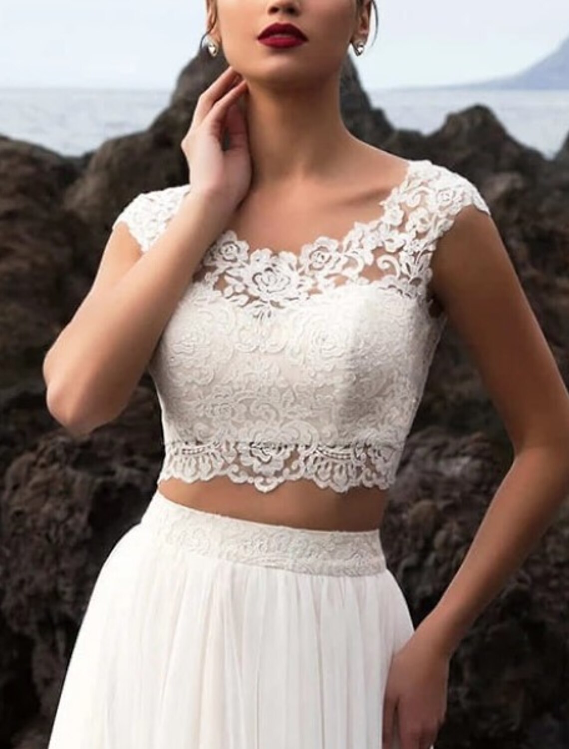 Hall Casual Wedding Dresses Separates Illusion Neck Cap Sleeve Separates Lace Bridal Tops Bridal Gowns