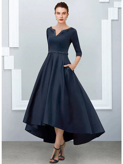 A-Line Mother of the Bride Dress Elegant High Low V Neck Asymmetrical Ankle Length Satin Half Sleeve with Pleats