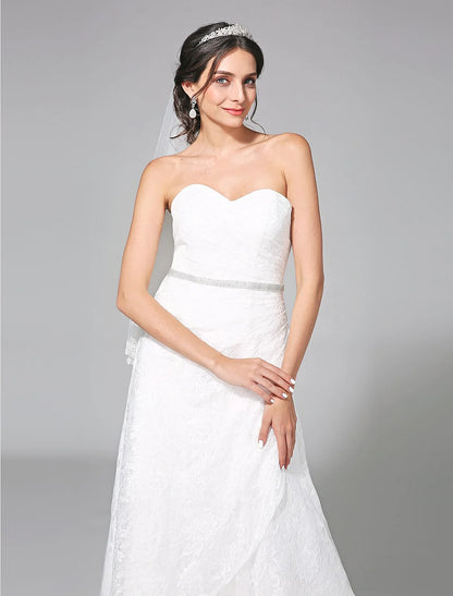 Wedding Dresses A-Line Sweetheart Sleeveless Sweep / Brush Train Lace Bridal Gowns With Sash / Ribbon Side-Draped