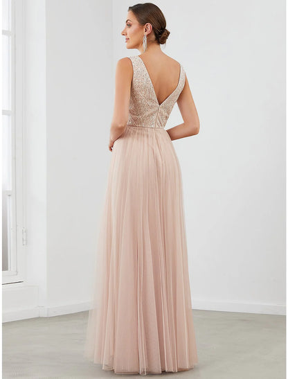 Evening Gown Elegant Dress Wedding Guest Floor Length Sleeveless V Neck Tulle V Back with Sequin Draping