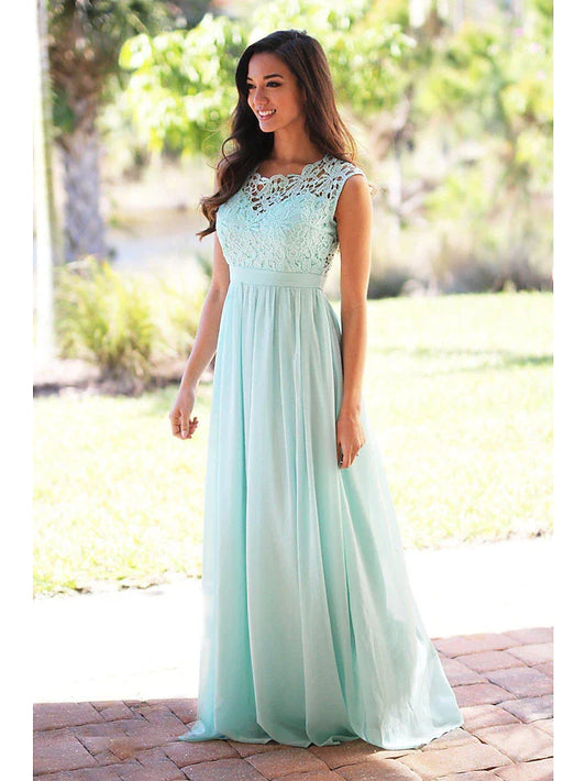 A-Line Bridesmaid Dress Jewel Neck Sleeveless Elegant Floor Length Chiffon / Lace