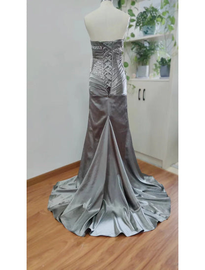 Evening Dress Strapless Sleeveless Sweep / Brush Train Satin with Crystals