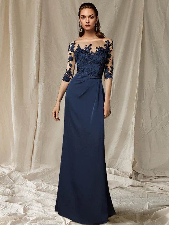 Sheath / Column Mother of the Bride Dress Plus Size Elegant Jewel Neck Sweep / Brush Train Chiffon Half Sleeve with Appliques