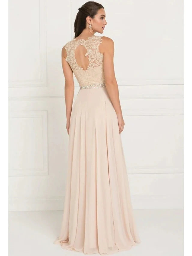 A-Line Bridesmaid Dress Jewel Neck Sleeveless Elegant Sweep / Brush Train Tulle