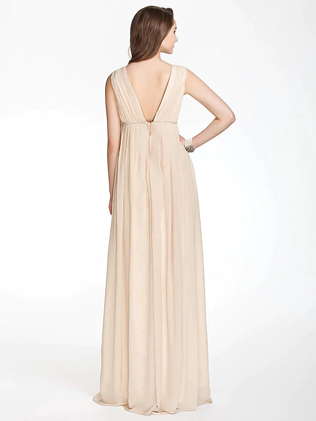 A-Line Bridesmaid Dress V Neck Sleeveless Beautiful Back Floor Length Chiffon