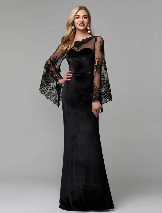 Sheath / Column Elegant Dress Wedding Guest Floor Length Long Sleeve Illusion Neck Lace with Lace Insert