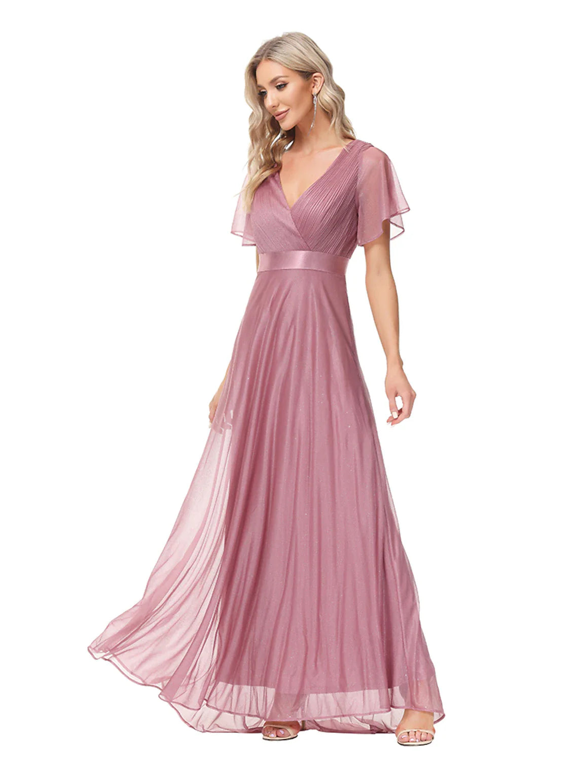 Evening Gown Empire Dress Wedding Guest Floor Length Short Sleeve V Neck Tulle with Ruched Ruffles