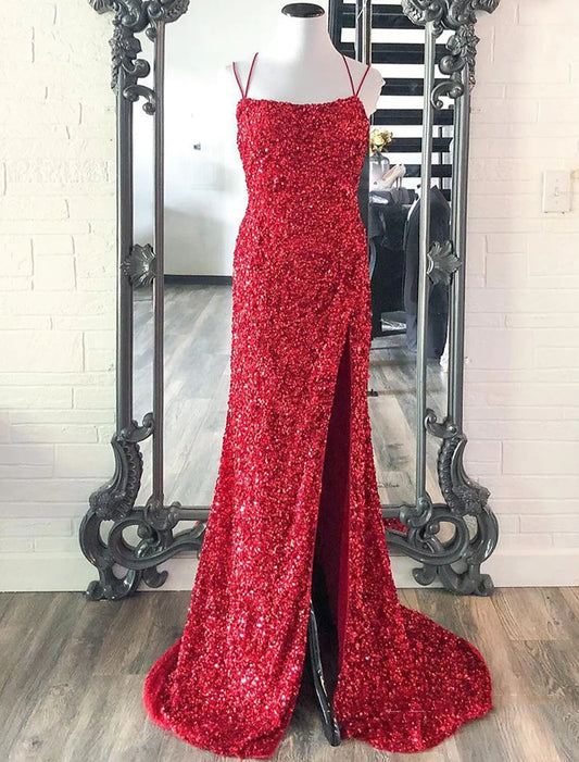 Mermaid / Trumpet Prom Dresses Sparkle & Shine Dress Wedding Guest Party Wear Floor Length Sleeveless Spaghetti Strap Sequined with Sequin Slit