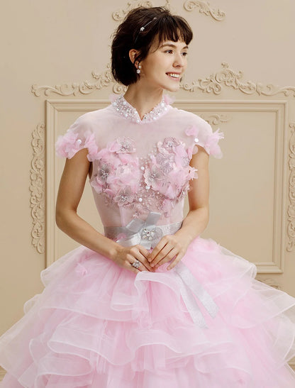 Ball Gown High Neck Floor Length Organza Tulle Wedding Dress with Crystal Beading Bow Flower