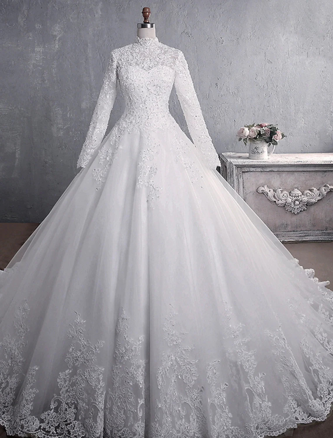 Engagement Formal Wedding Dresses Ball Gown High Neck Long Sleeve Court Train Lace Bridal Gowns With Appliques