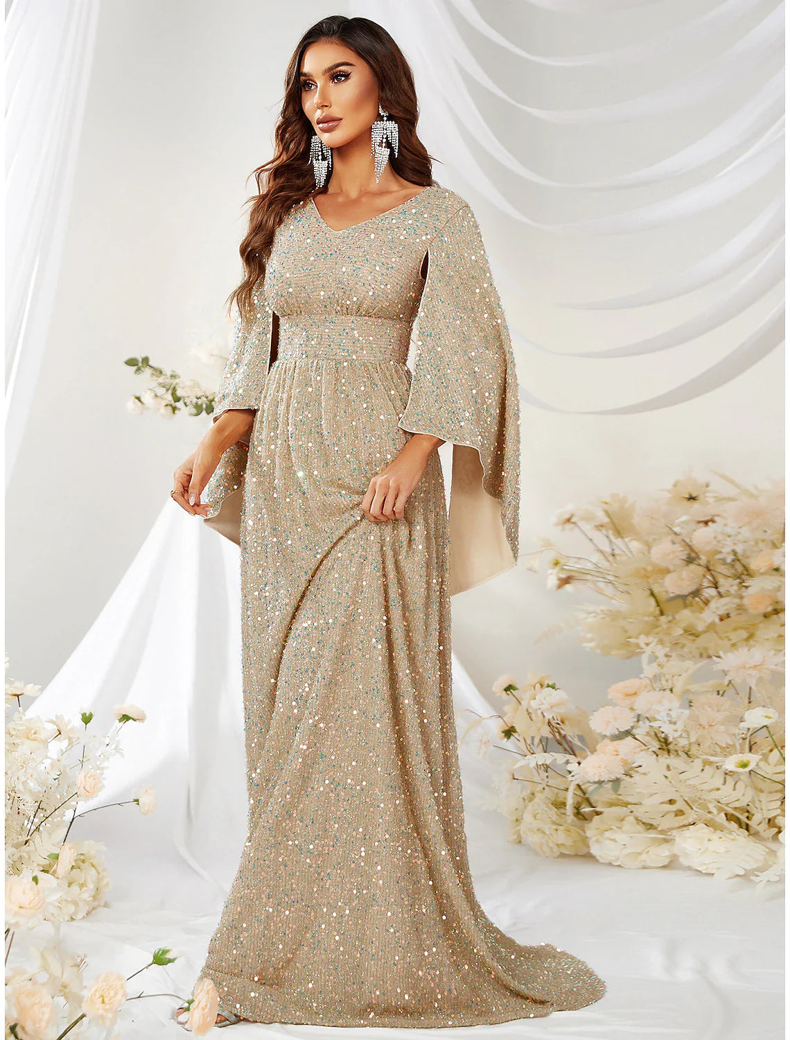 Evening Gown Sparkle & Shine Dress Formal Sweep / Brush Train Long Sleeve V Neck Capes Polyester with Sequin