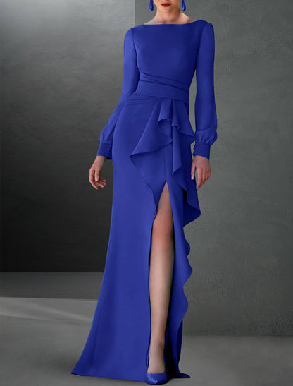 A-Line Evening Gown Party Dress Elegant Dress Formal Fall Sweep / Brush Train Long Sleeve Jewel Neck Stretch Chiffon