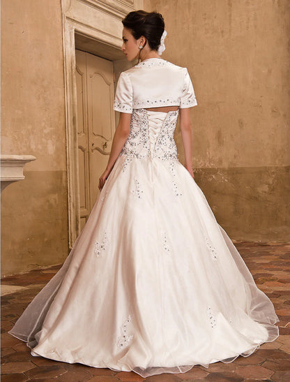 Hall Wedding Dresses Ball Gown Strapless Short Sleeve Floor Length Satin Bridal Gowns With Beading Appliques