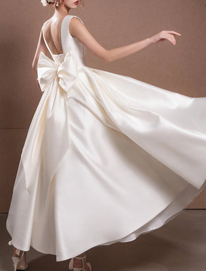 Reception Simple Wedding Dresses Wedding Dresses A-Line Off Shoulder Cap Sleeve Tea Length Satin Bridal Gowns