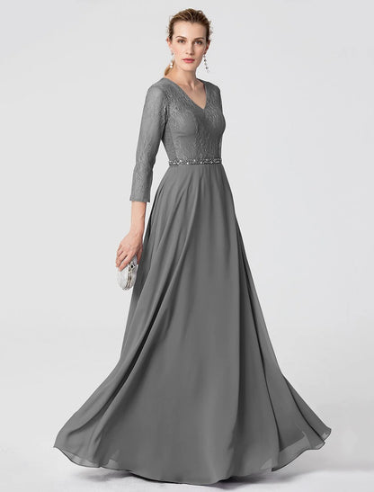 A-Line Elegant Holiday Cocktail Party Formal Evening Dress V Neck 3/4 Length Sleeve Floor Length Chiffon Lace with Sash / Ribbon Beading / Illusion Sleeve