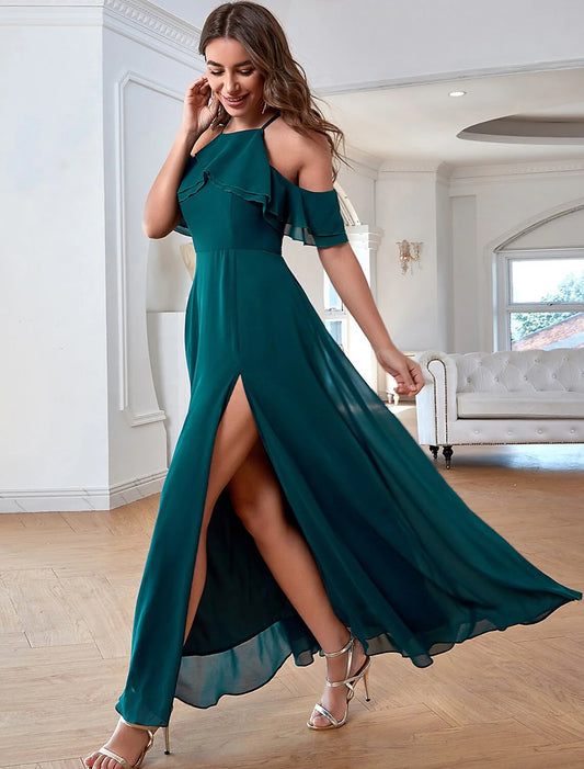 Evening Dress Spaghetti Strap Short Sleeve Ankle Length Chiffon with Ruffles Slit Pure Color