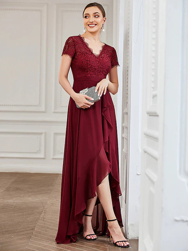 Cocktail Dresses Minimalist Dress Wedding Party Asymmetrical Short Sleeve V Neck Lace with Slit