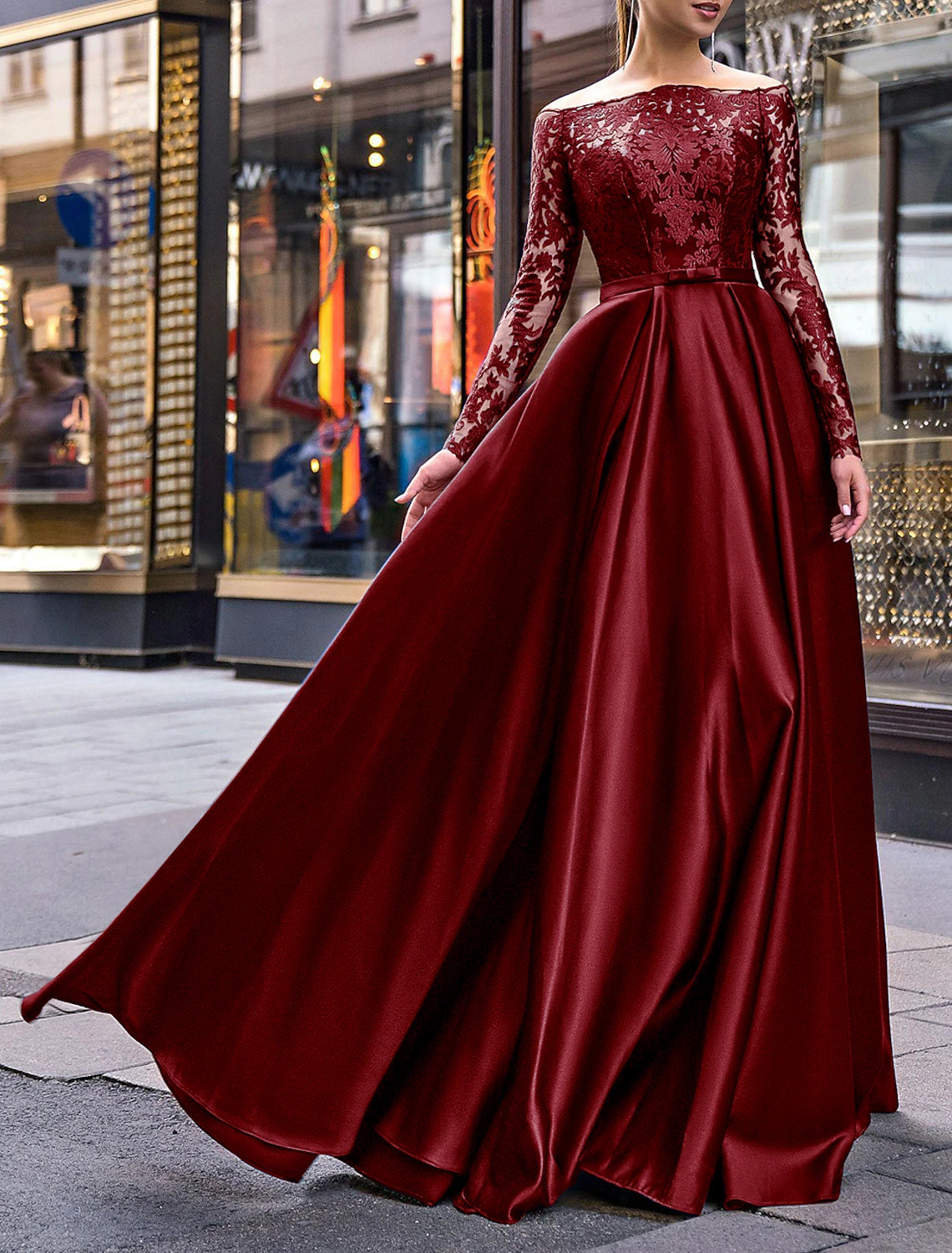 A-Line Evening Gown Party Dress Elegant Dress Wedding Guest Fall Floor Length Long Sleeve Off Shoulder Belt / Sash Satin