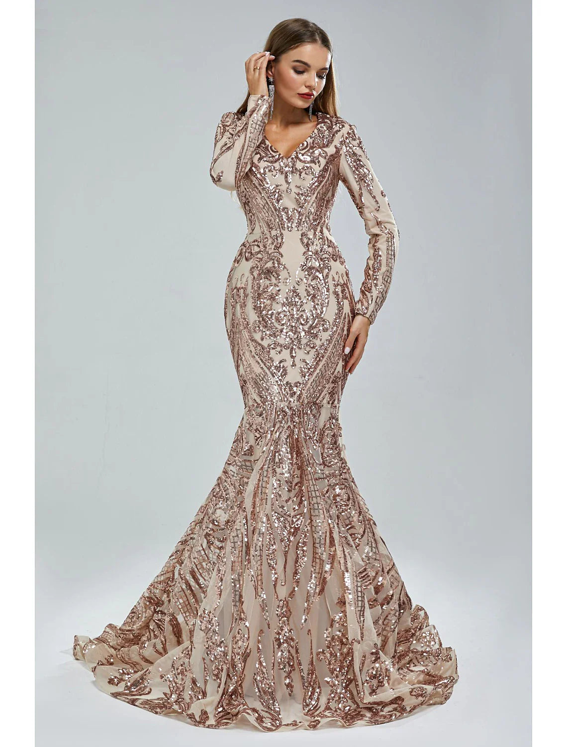 Mermaid / Trumpet Evening Gown Sparkle & Shine Dress Formal Court Train Long Sleeve V Neck African American Lace