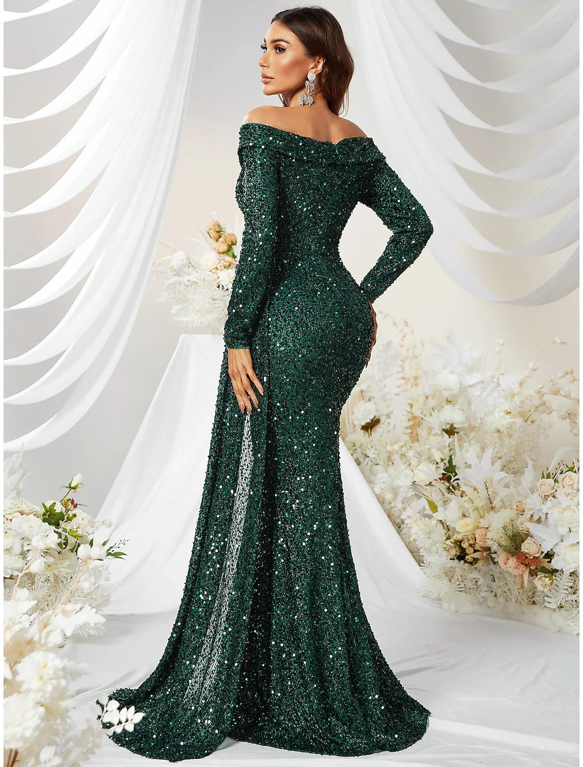 Evening Gown Sparkle & Shine Dress Formal Cocktail Party Sweep / Brush Train Long Sleeve Off Shoulder Polyester with Sequin