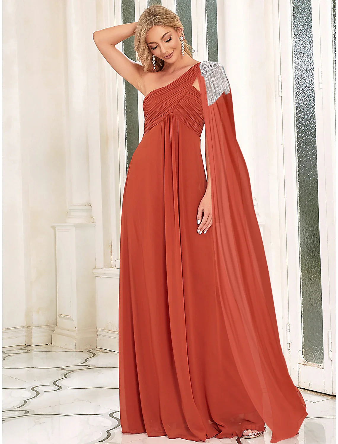 Evening Gown Empire Dress Wedding Guest Floor Length Sleeveless One Shoulder Chiffon