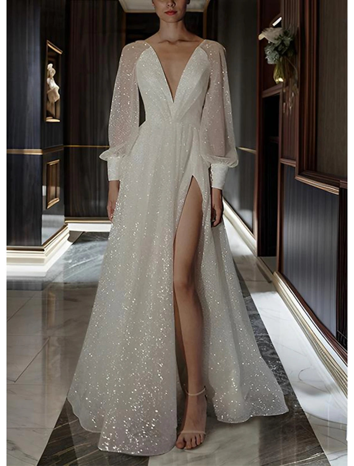 Beach Wedding Dresses A-Line V Neck Long Sleeve Floor Length Sequined Bridal Gowns