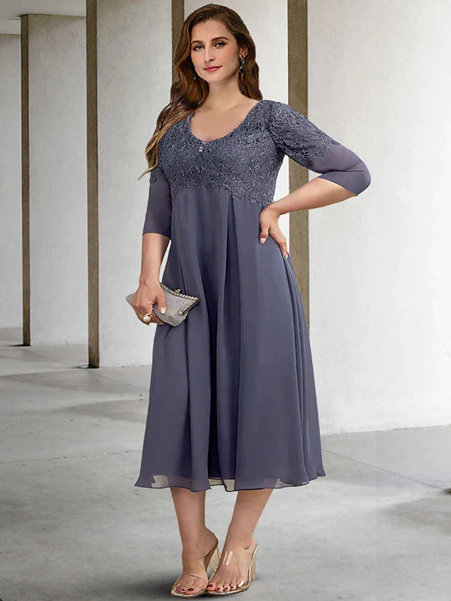 A-Line Plus Size Curve Mother of the Bride Dresses Elegant Dress Formal Tea Length Half Sleeve V Neck Chiffon with Buttons Appliques