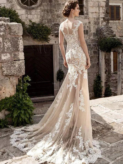 Engagement Formal Wedding Dresses Court Train Mermaid / Trumpet Cap Sleeve Illusion Neck Lace With Appliques