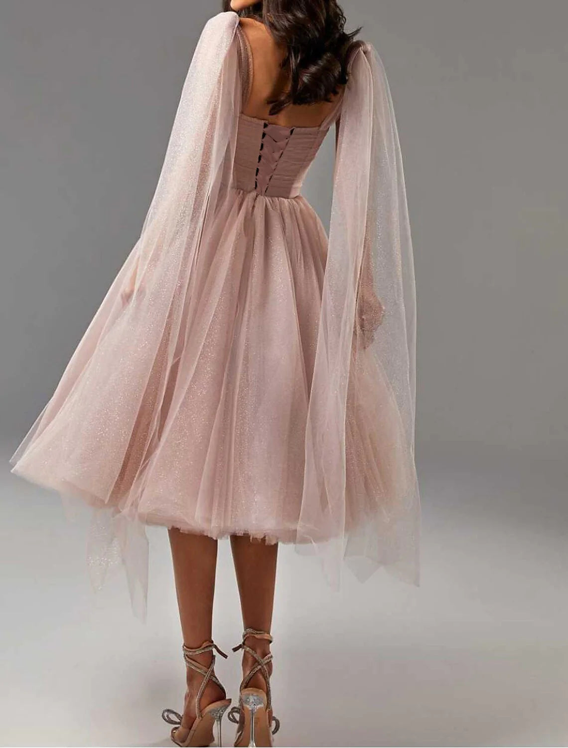 Ball Gown Cocktail Dresses Corsets Dress Graduation Tea Length Sleeveless Square Neck Tulle with Glitter