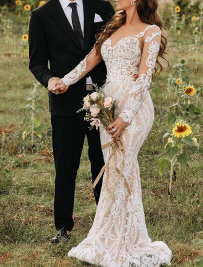 Engagement Formal Boho Wedding Dresses Mermaid / Trumpet Illusion Neck Long Sleeve Sweep / Brush Train Lace Bridal Gowns